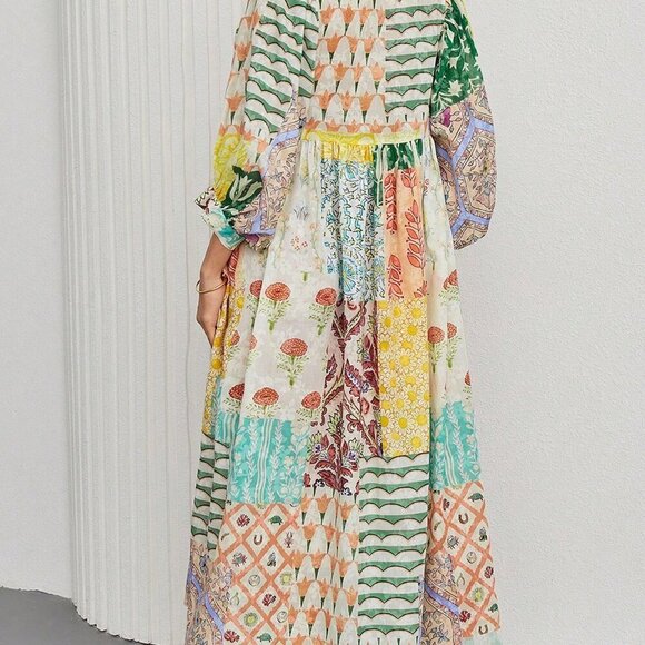 Yellow Boho Women's Bohemian Lantern Sleeve V Neck Tie Pockets Maxi Dress - Picture 2 of 6